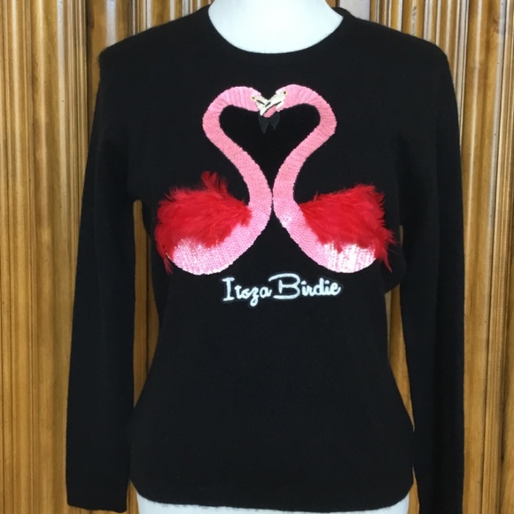 NEW ItzsaBirdie Cashmere Pink Love Flamingo Sweater In Black - Picture 12 of 13